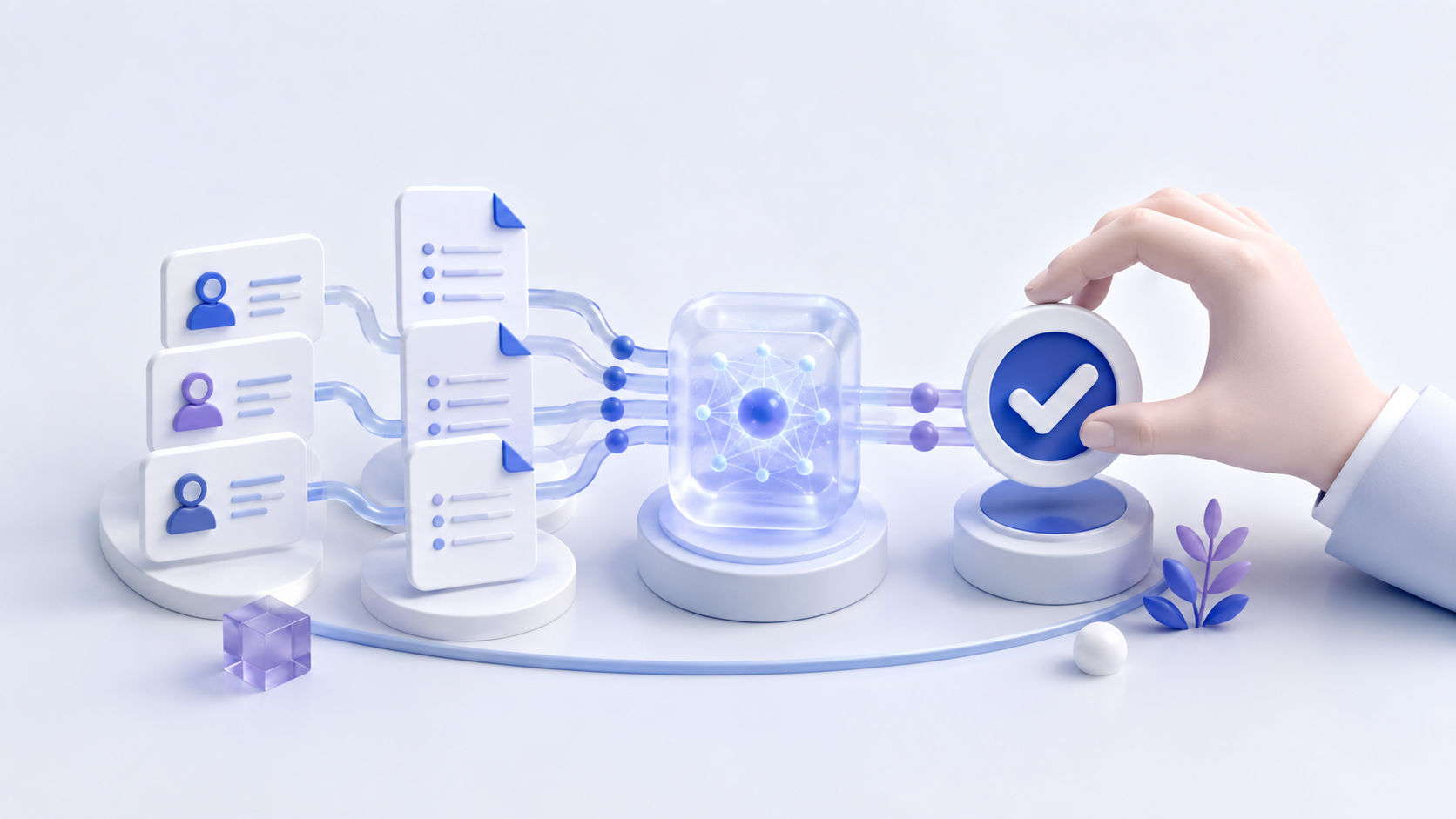 AI 销售助手示意图：客户资料经过 AI 整理后进入人工确认环节